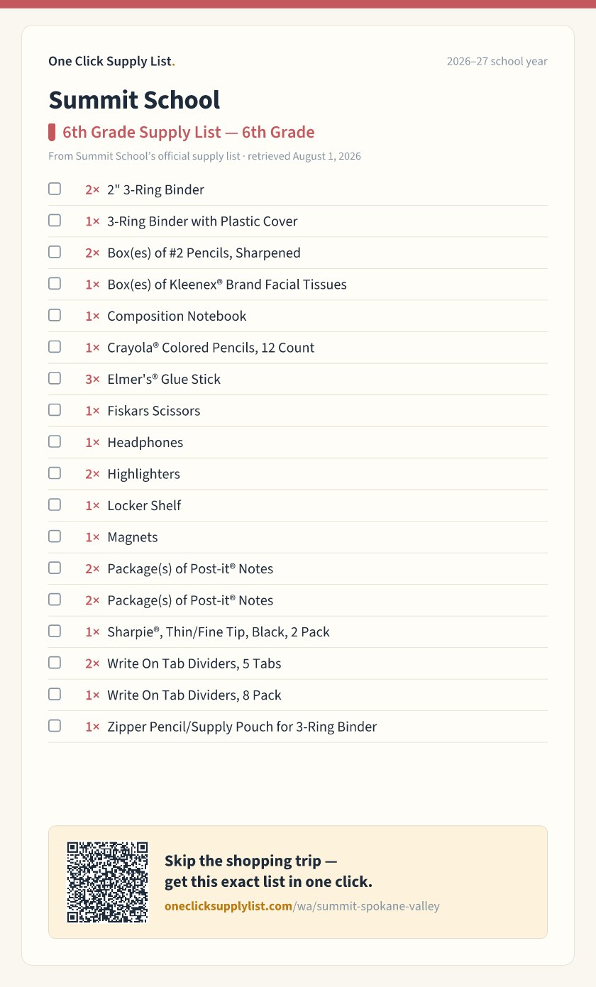 Summit School 6th Grade Supply List — 6th Grade supply list — printable image