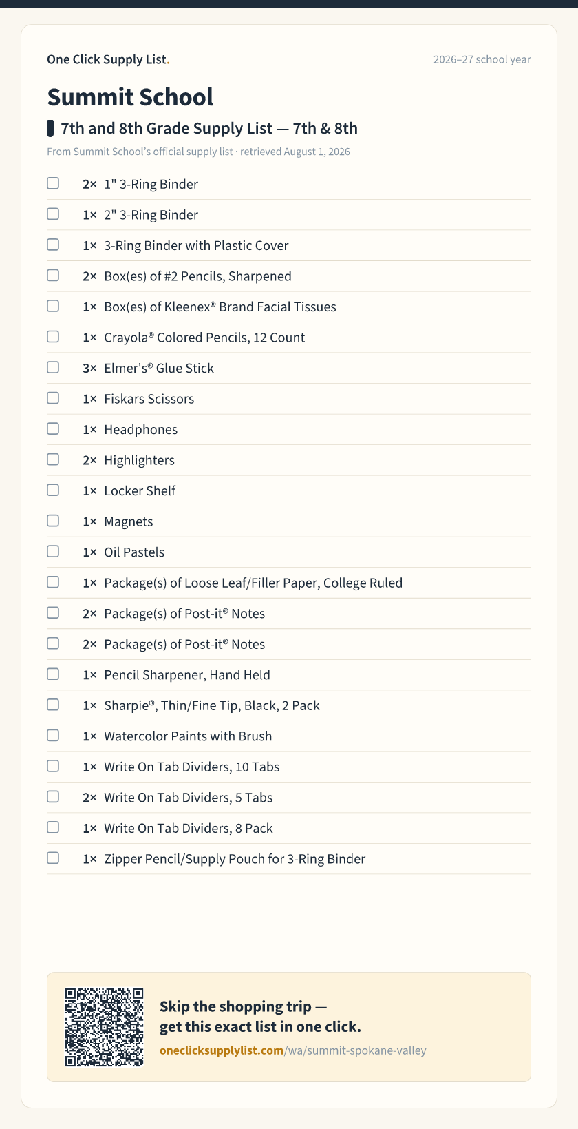 Summit School 7th and 8th Grade Supply List — 7th & 8th supply list — printable image