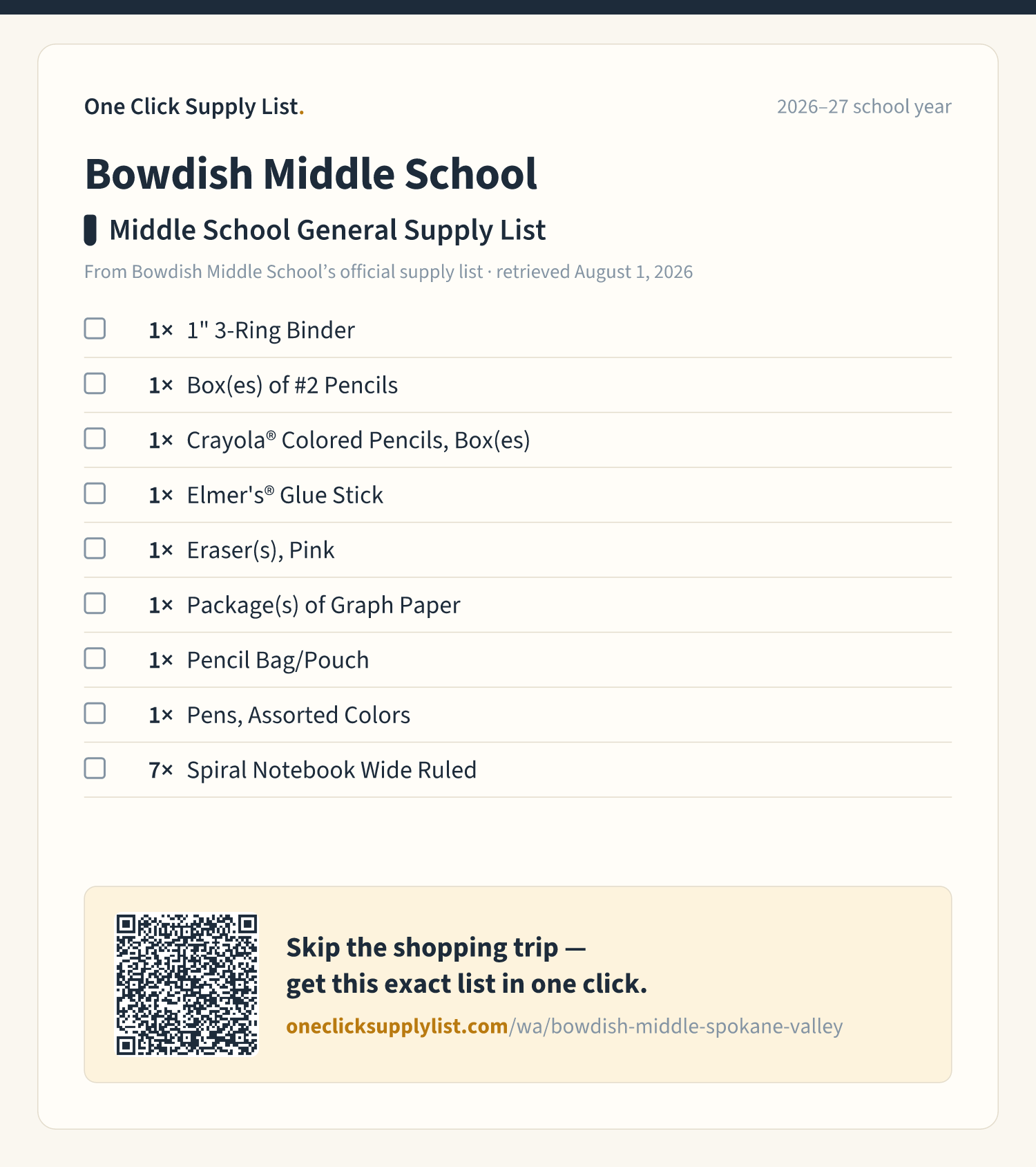 Bowdish Middle School Middle School General Supply List supply list — printable image
