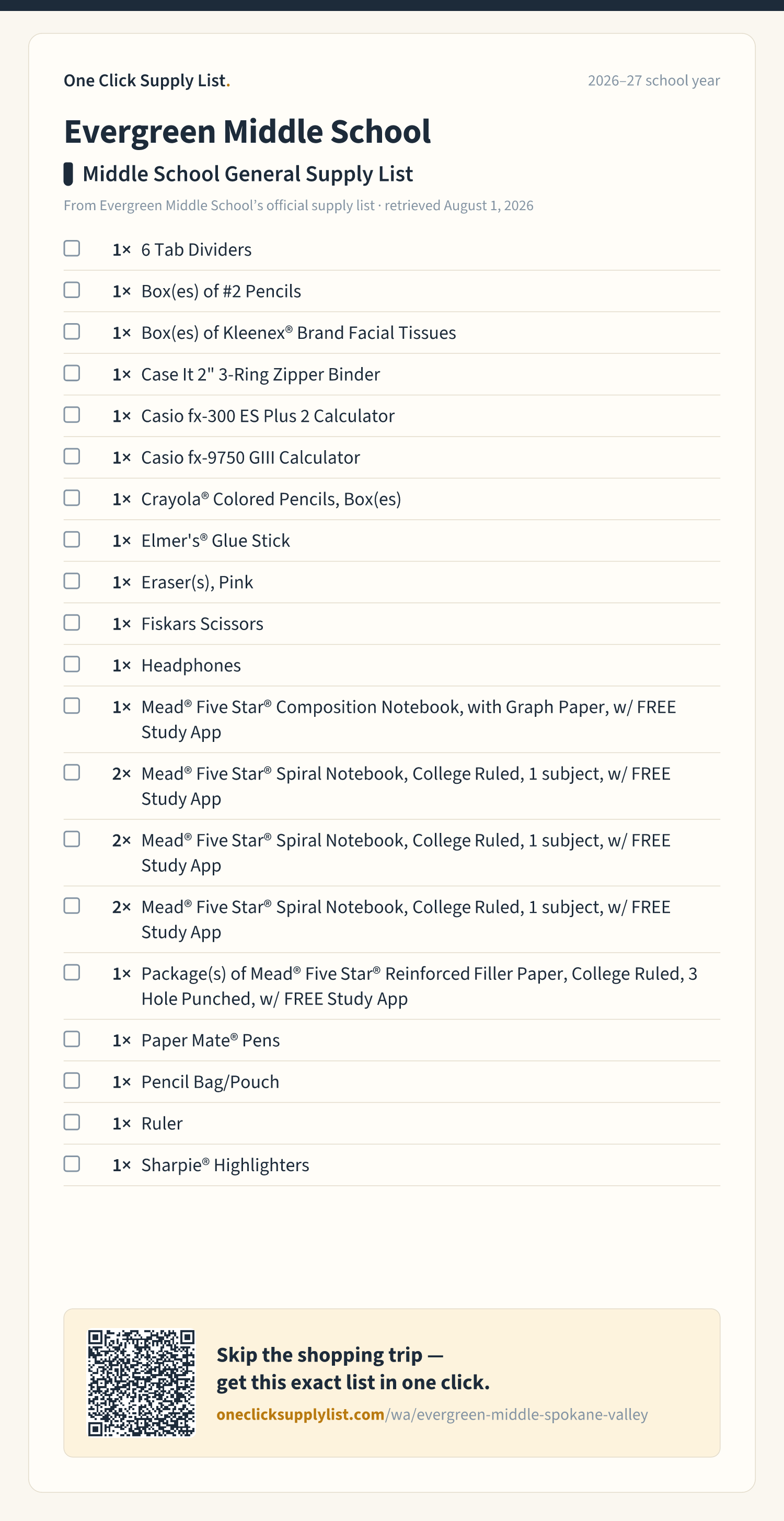 Evergreen Middle School Middle School General Supply List supply list — printable image