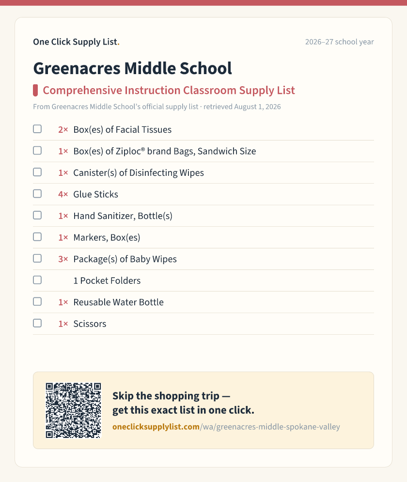 Greenacres Middle School Comprehensive Instruction Classroom Supply List supply list — printable image