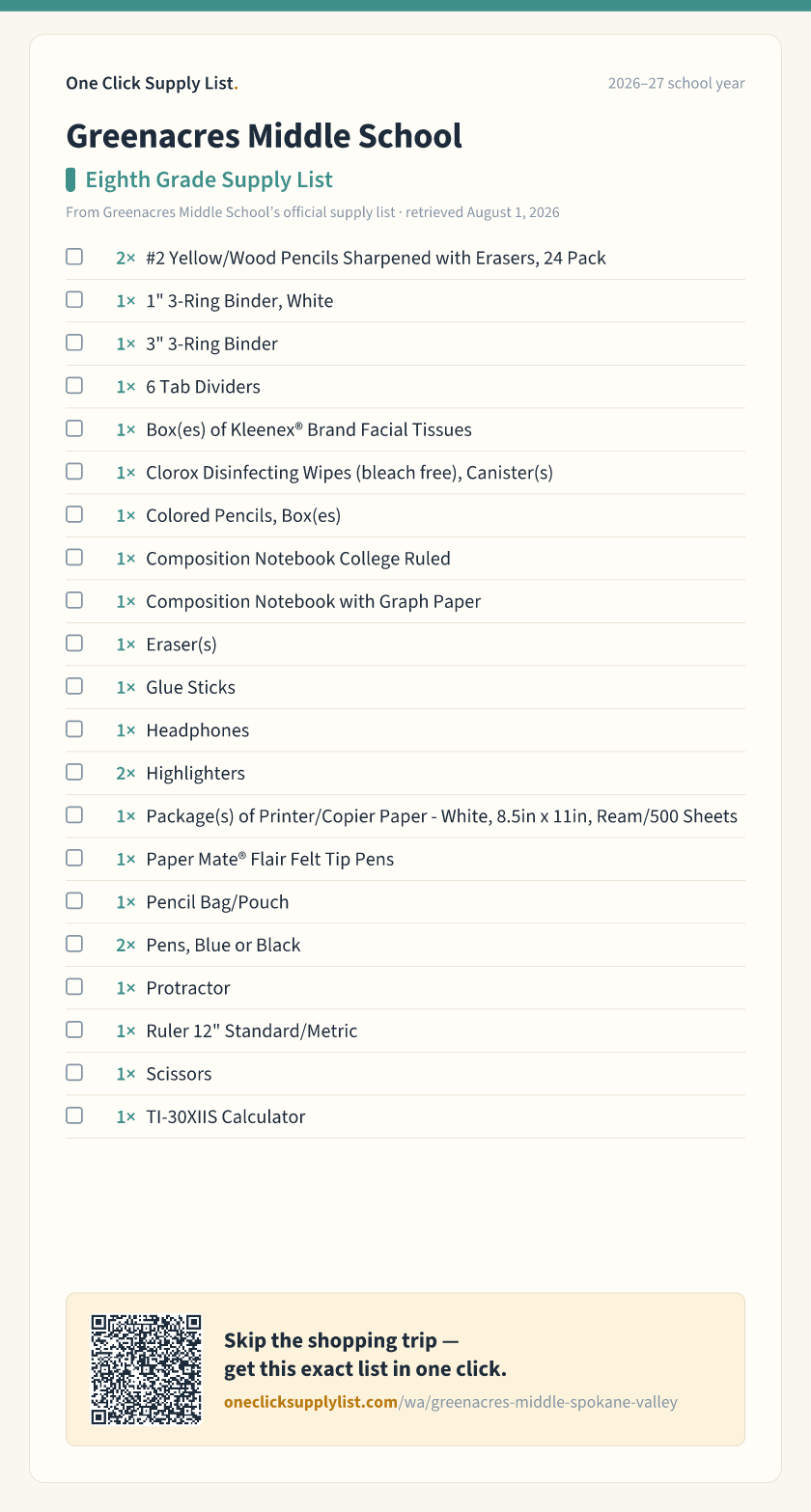 Greenacres Middle School Eighth Grade Supply List supply list — printable image