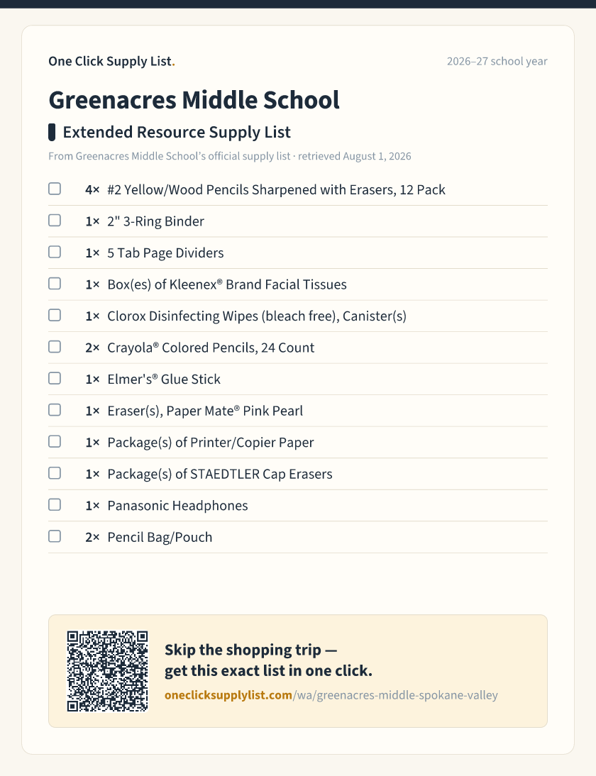 Greenacres Middle School Extended Resource Supply List supply list — printable image