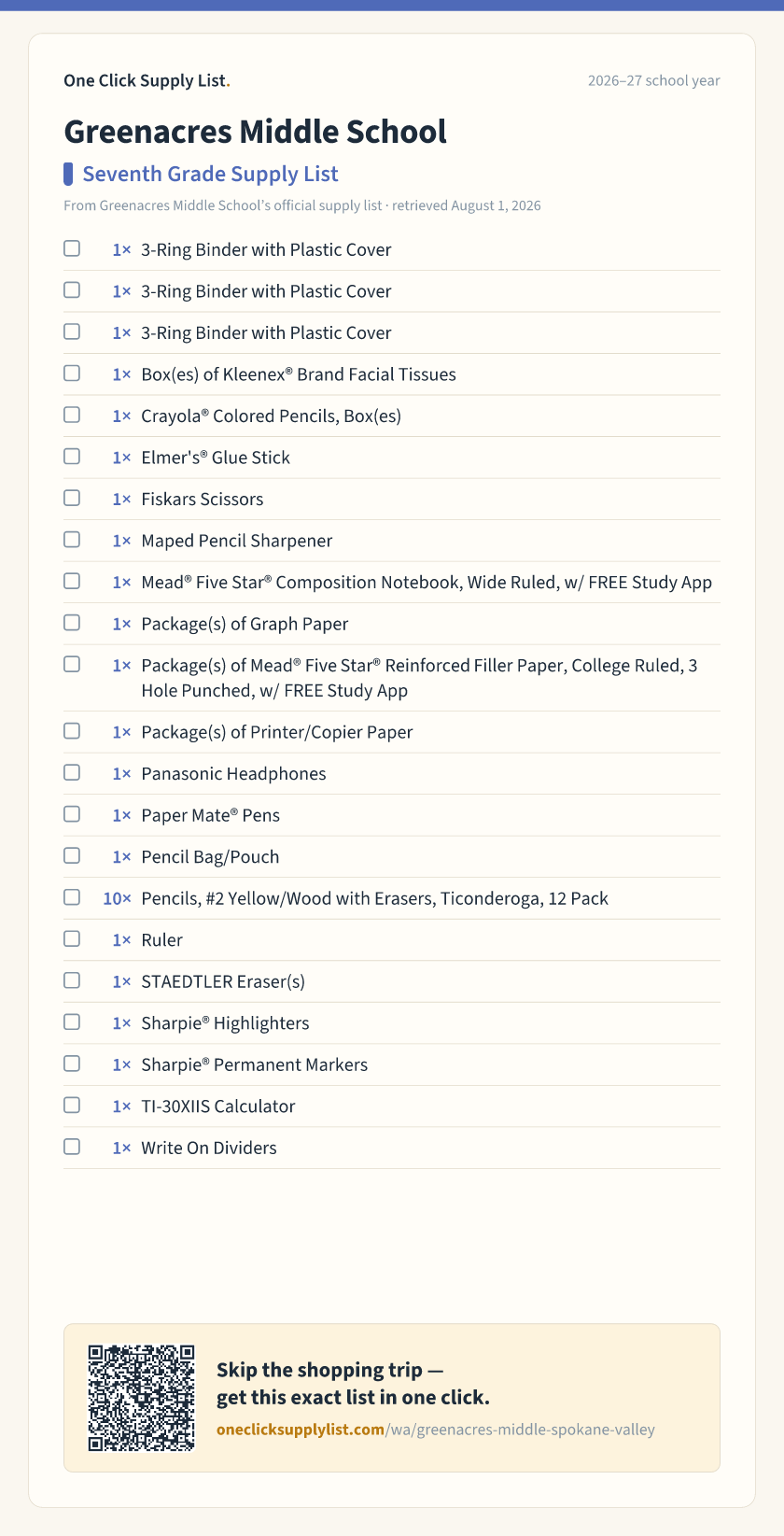 Greenacres Middle School Seventh Grade Supply List supply list — printable image