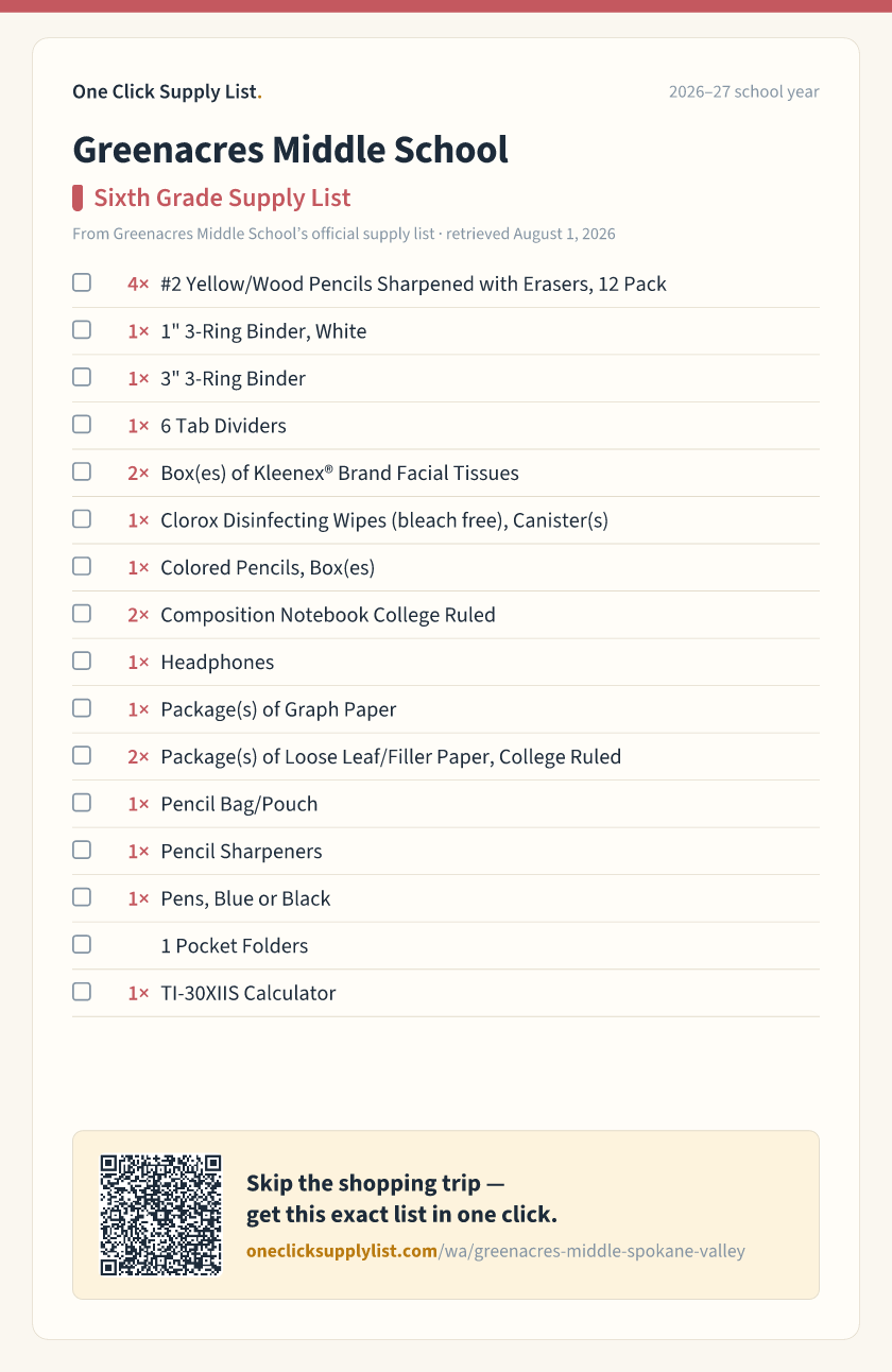 Greenacres Middle School Sixth Grade Supply List supply list — printable image