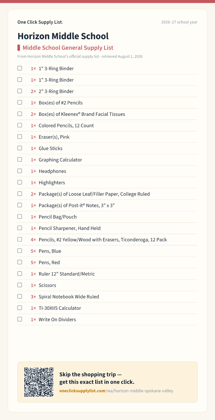 Horizon Middle School Middle School General Supply List supply list — printable image
