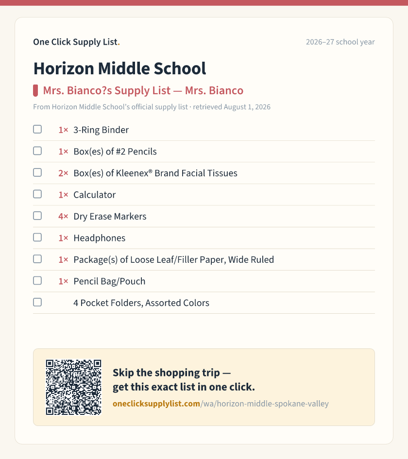 Horizon Middle School Mrs. Bianco?s Supply List — Mrs. Bianco supply list — printable image