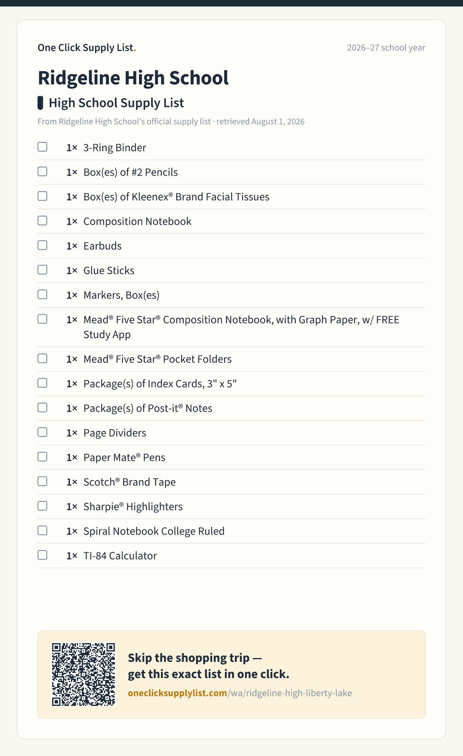 Ridgeline High School High School Supply List supply list — printable image