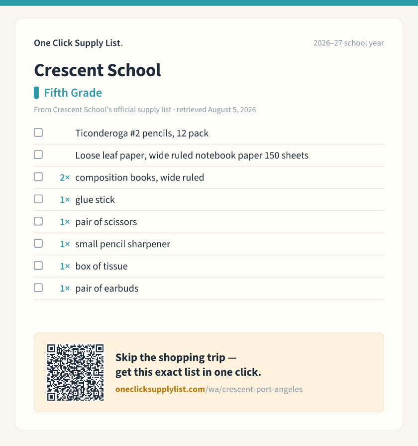 Crescent School Fifth Grade supply list — printable image