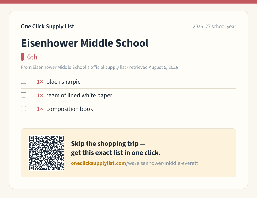 Eisenhower Middle School 6th supply list — printable image