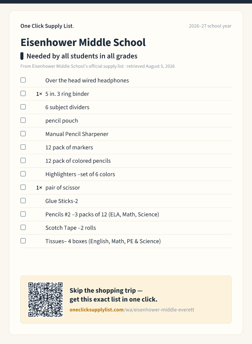 Eisenhower Middle School Needed by all students in all grades supply list — printable image