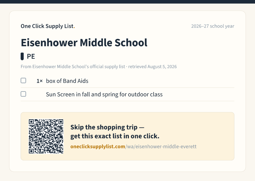 Eisenhower Middle School PE supply list — printable image