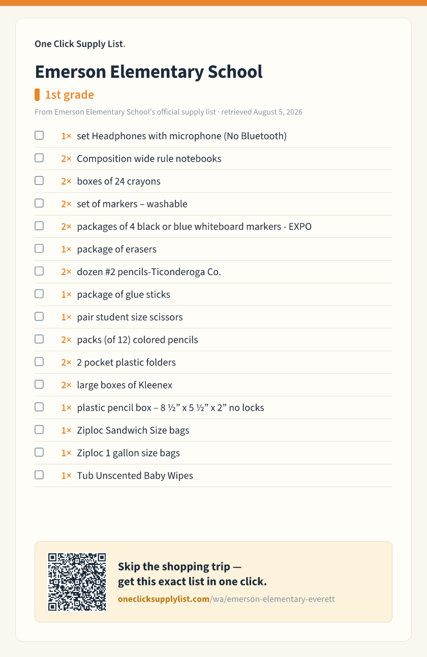 Emerson Elementary School 1st grade supply list — printable image