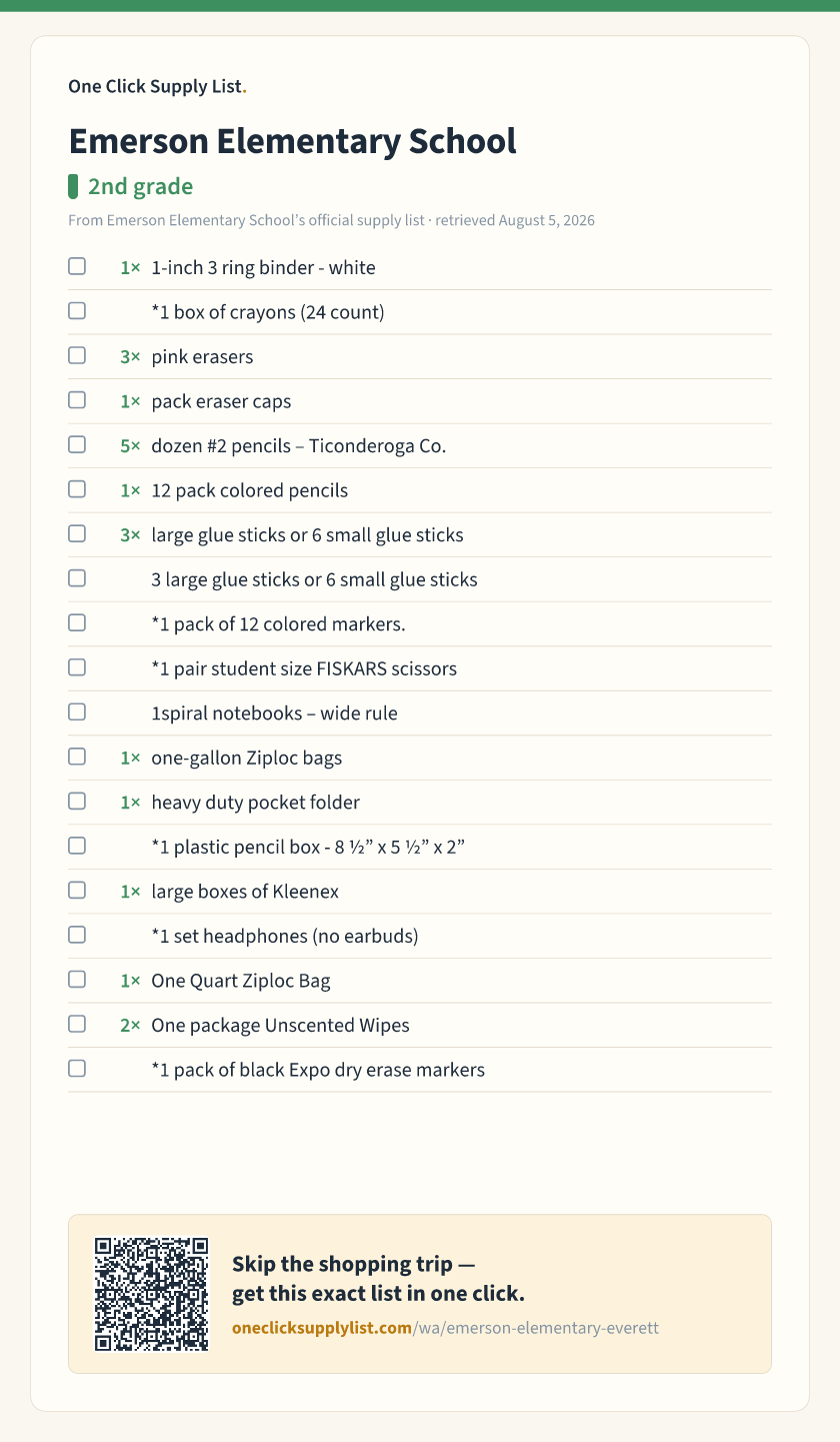Emerson Elementary School 2nd grade supply list — printable image