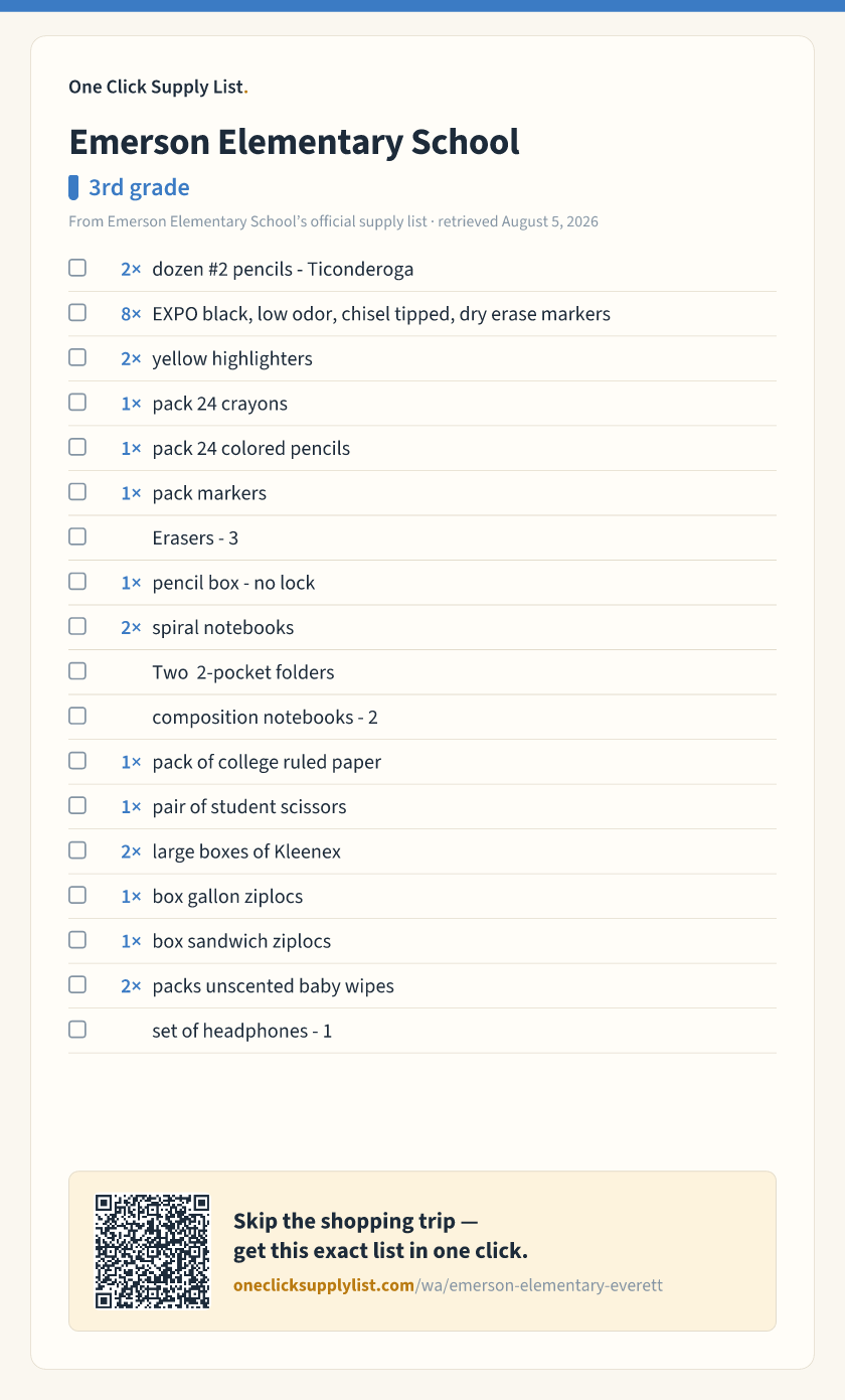 Emerson Elementary School 3rd grade supply list — printable image