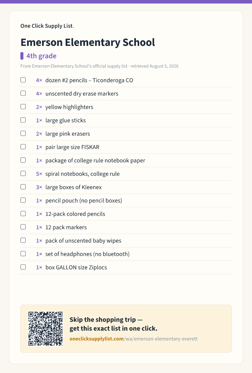 Emerson Elementary School 4th grade supply list — printable image