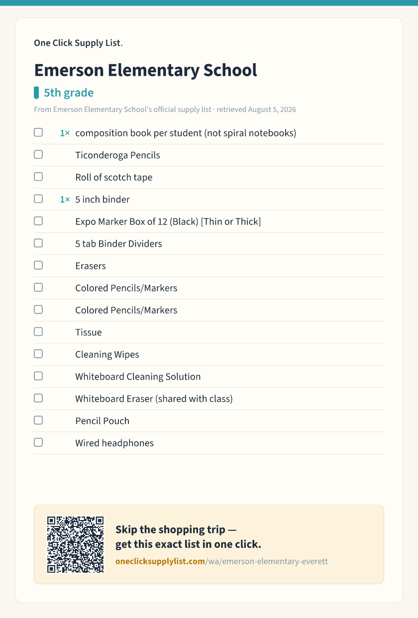 Emerson Elementary School 5th grade supply list — printable image