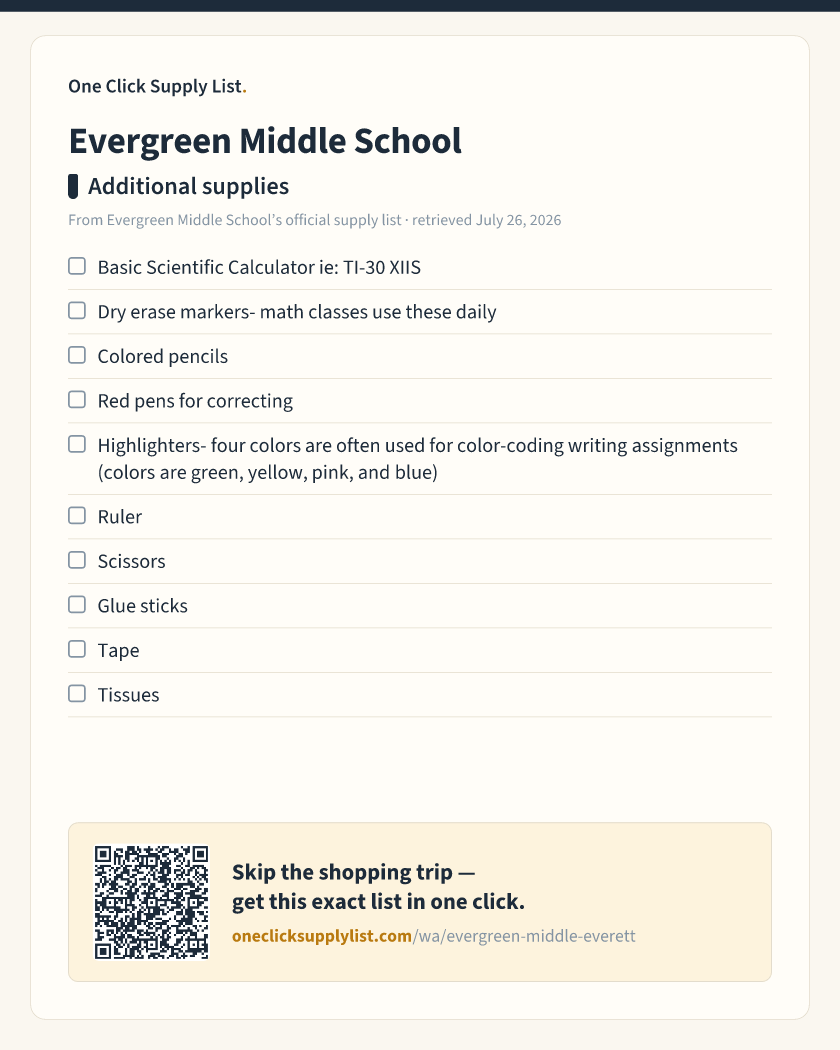 Evergreen Middle School Additional supplies supply list — printable image