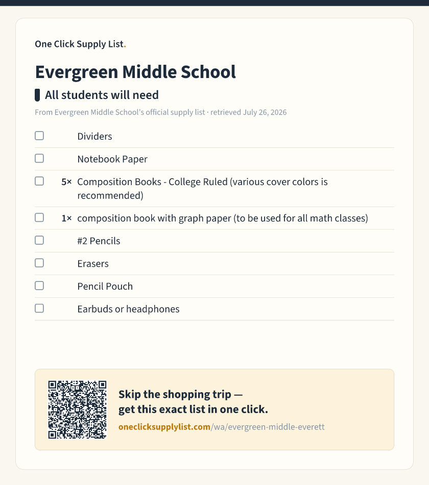 Evergreen Middle School All students will need supply list — printable image