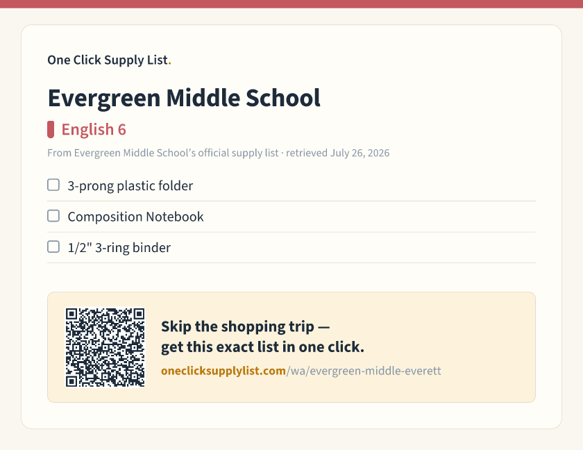 Evergreen Middle School English 6 supply list — printable image