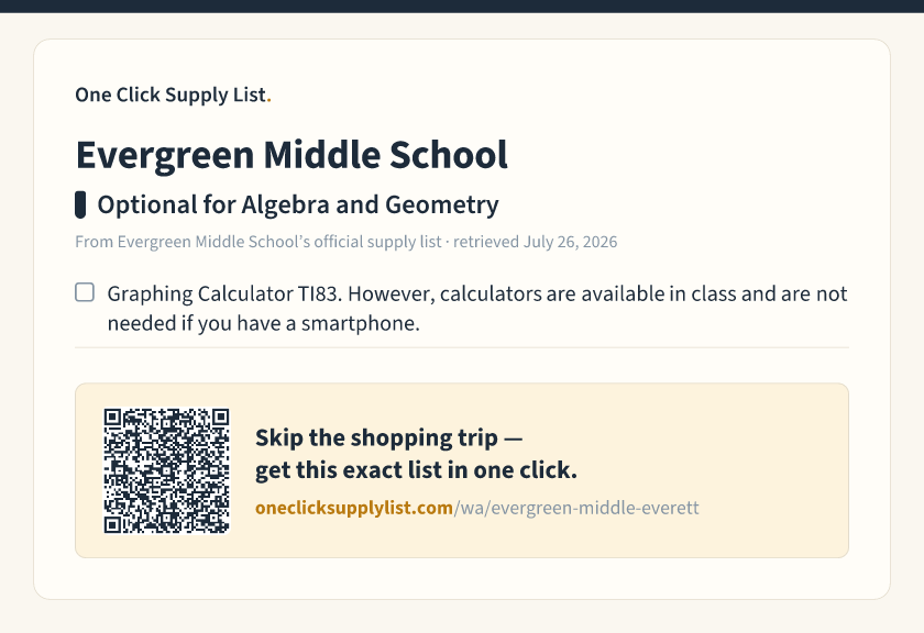 Evergreen Middle School Optional for Algebra and Geometry supply list — printable image