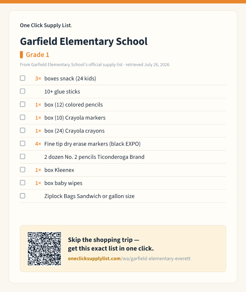 Garfield Elementary School Grade 1 supply list — printable image
