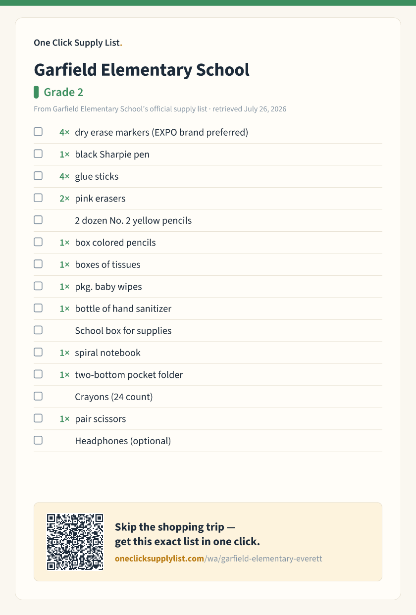 Garfield Elementary School Grade 2 supply list — printable image