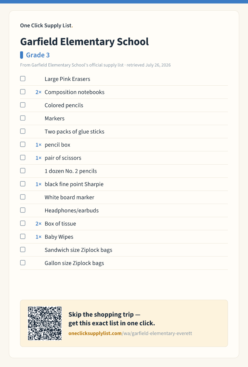Garfield Elementary School Grade 3 supply list — printable image