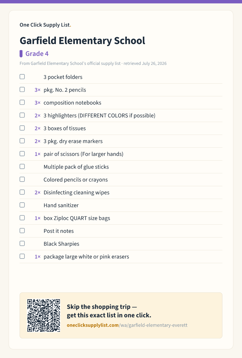 Garfield Elementary School Grade 4 supply list — printable image