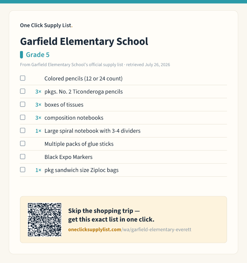 Garfield Elementary School Grade 5 supply list — printable image