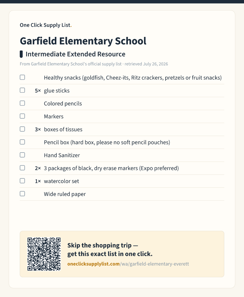 Garfield Elementary School Intermediate Extended Resource supply list — printable image
