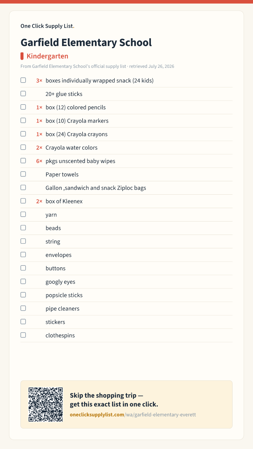 Garfield Elementary School Kindergarten supply list — printable image