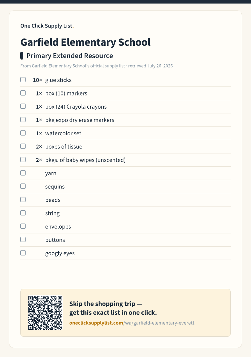 Garfield Elementary School Primary Extended Resource supply list — printable image