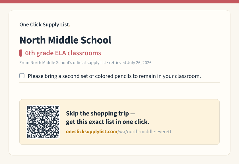 North Middle School 6th grade ELA classrooms supply list — printable image