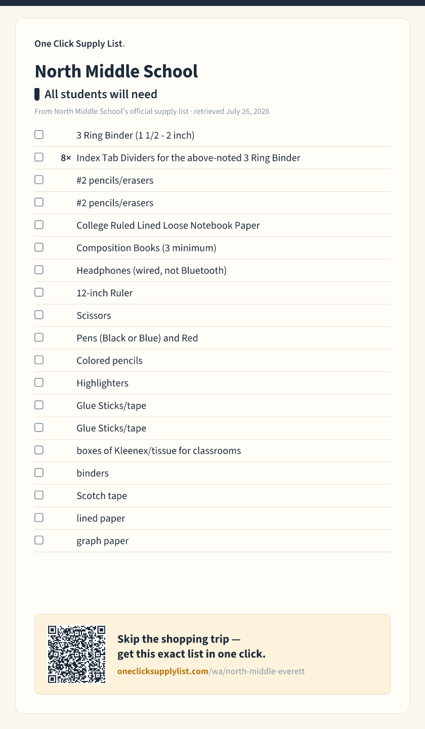 North Middle School All students will need supply list — printable image