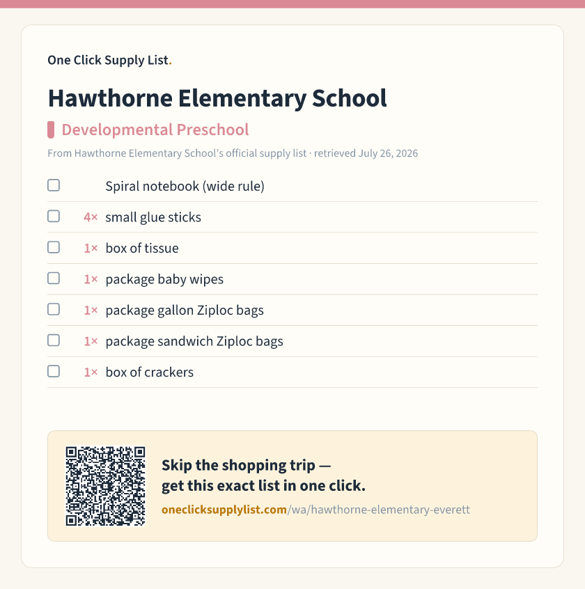 Hawthorne Elementary School Developmental Preschool supply list — printable image