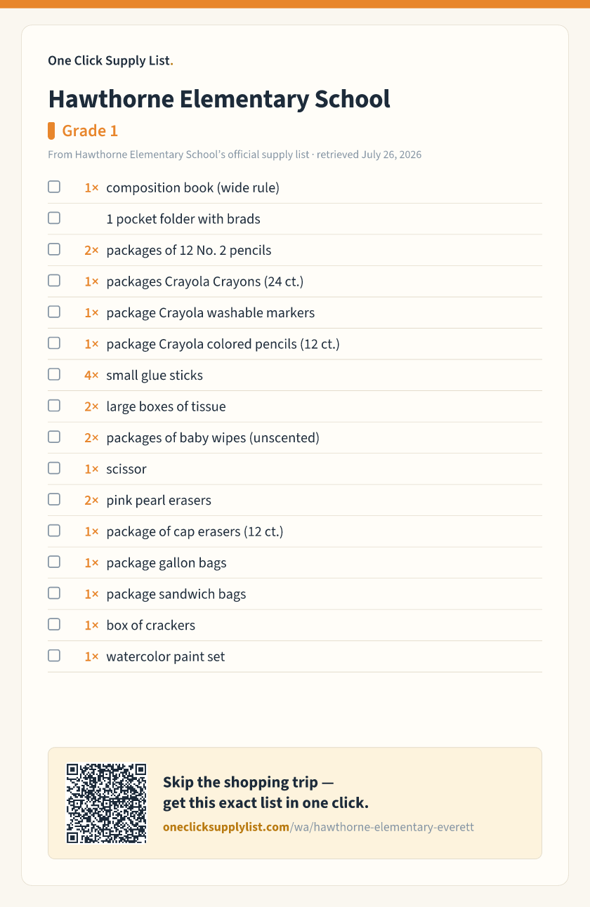 Hawthorne Elementary School Grade 1 supply list — printable image