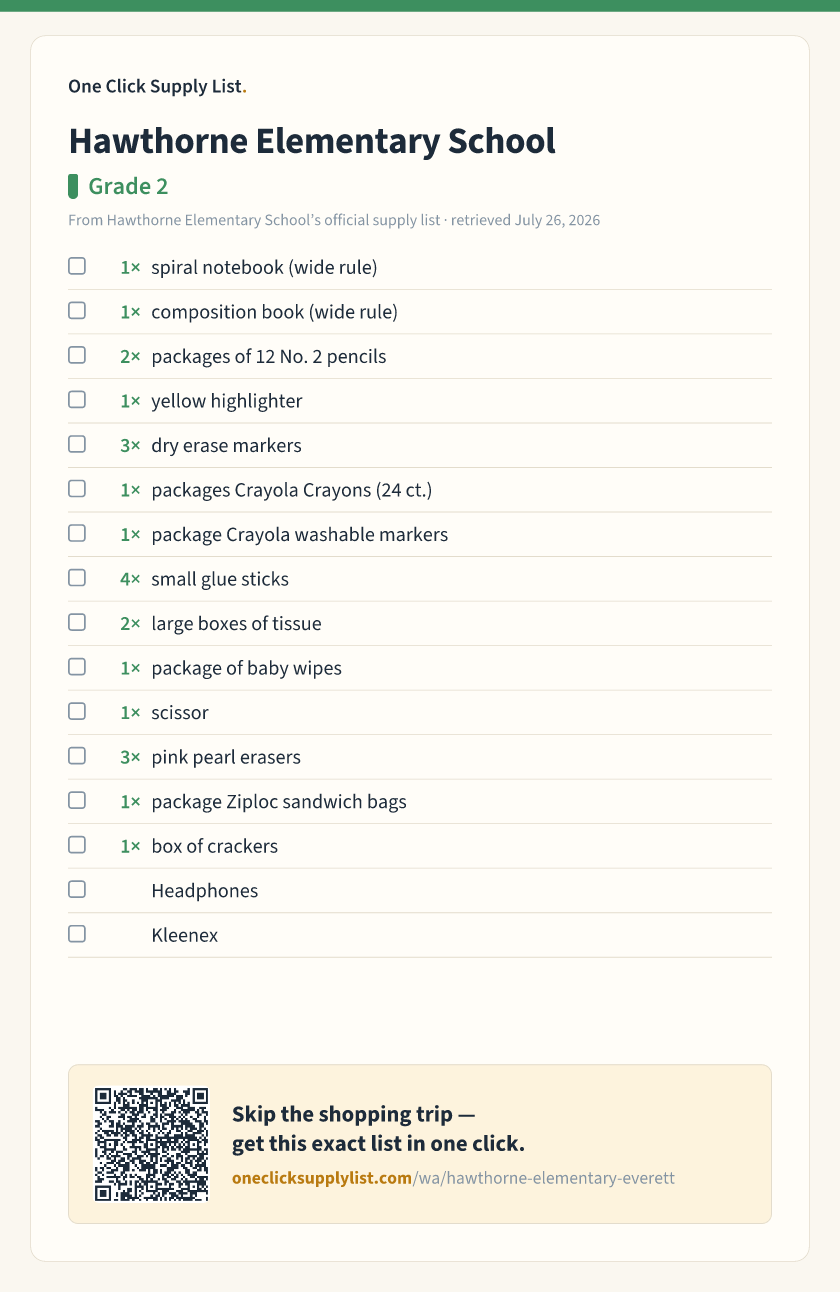 Hawthorne Elementary School Grade 2 supply list — printable image