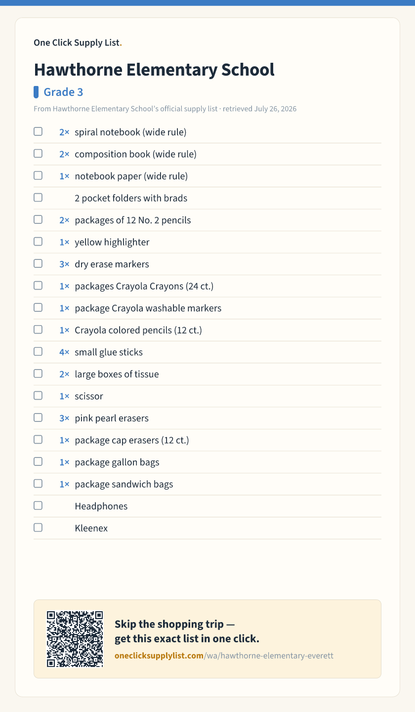 Hawthorne Elementary School Grade 3 supply list — printable image