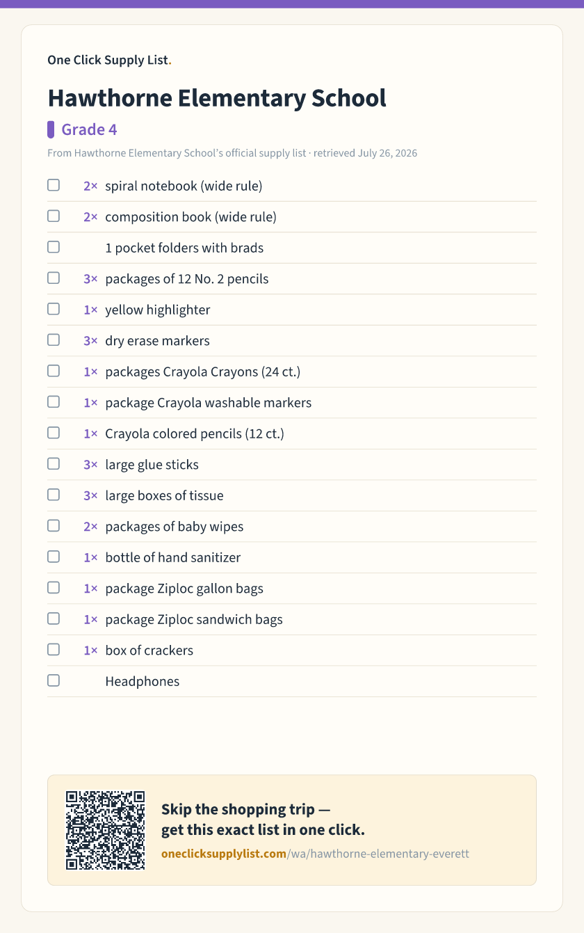 Hawthorne Elementary School Grade 4 supply list — printable image