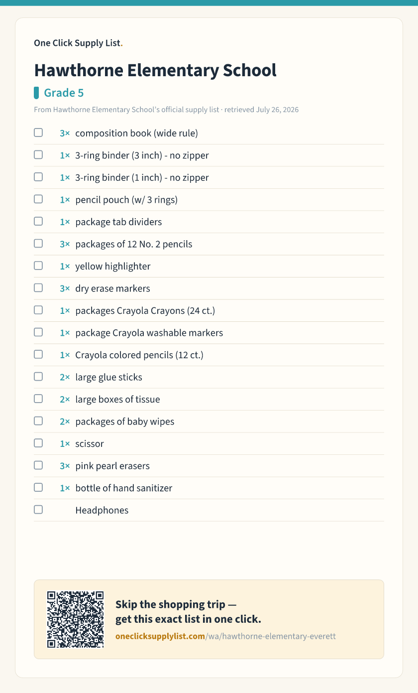 Hawthorne Elementary School Grade 5 supply list — printable image