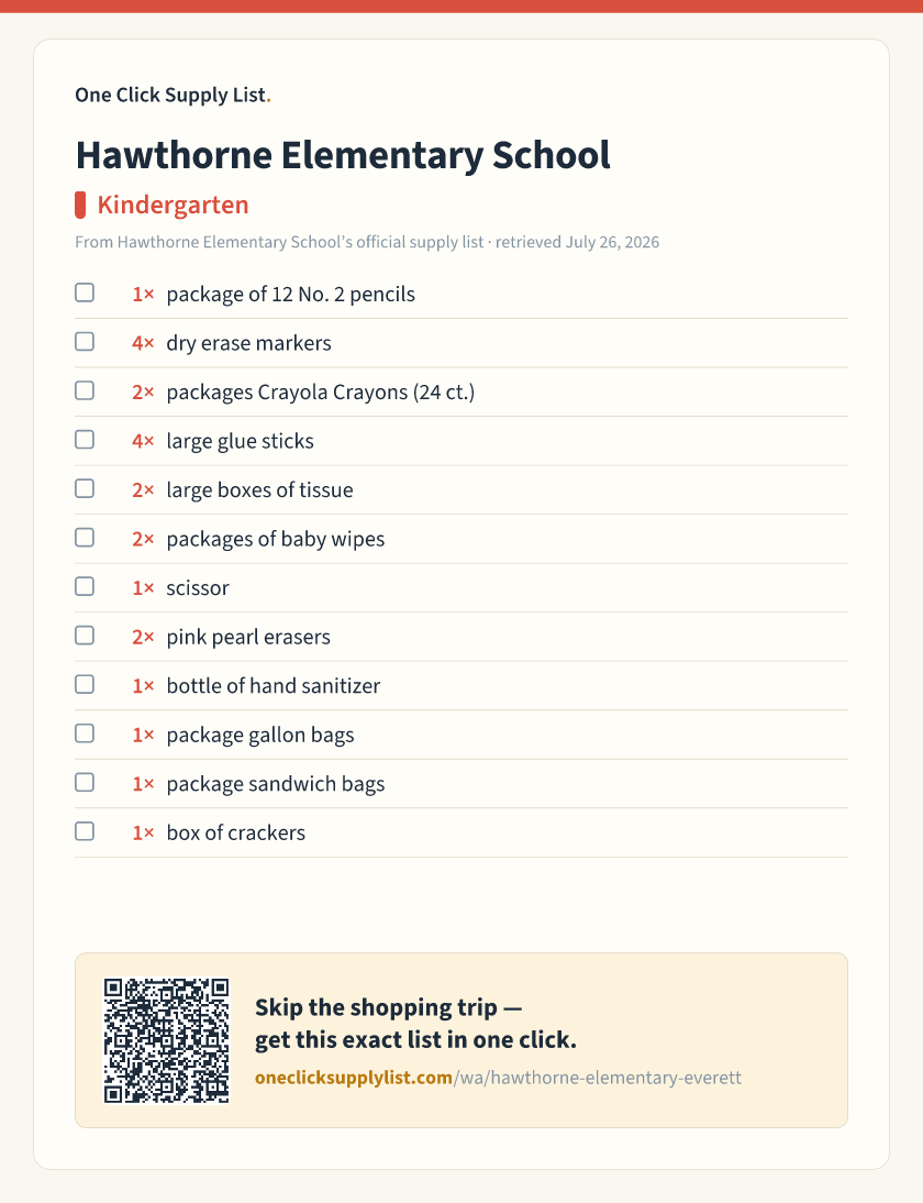 Hawthorne Elementary School Kindergarten supply list — printable image