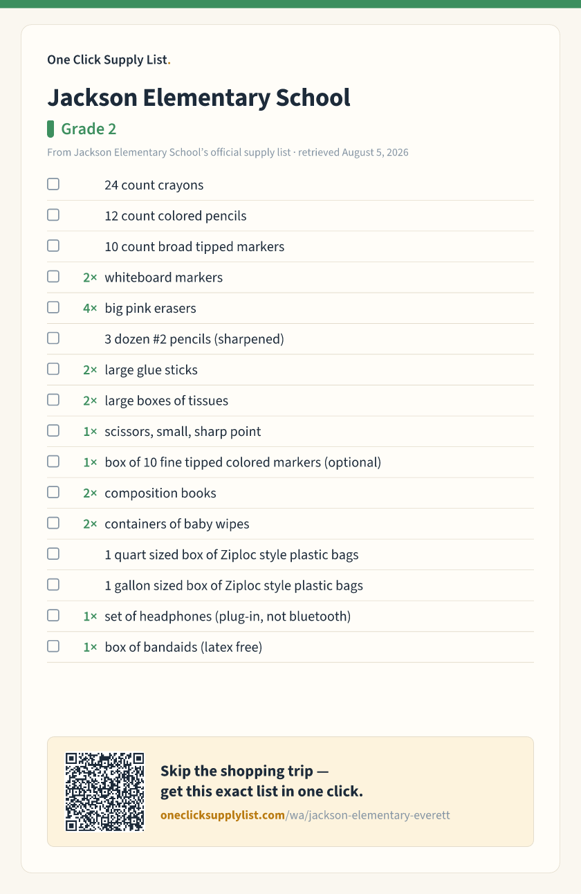 Jackson Elementary School Grade 2 supply list — printable image