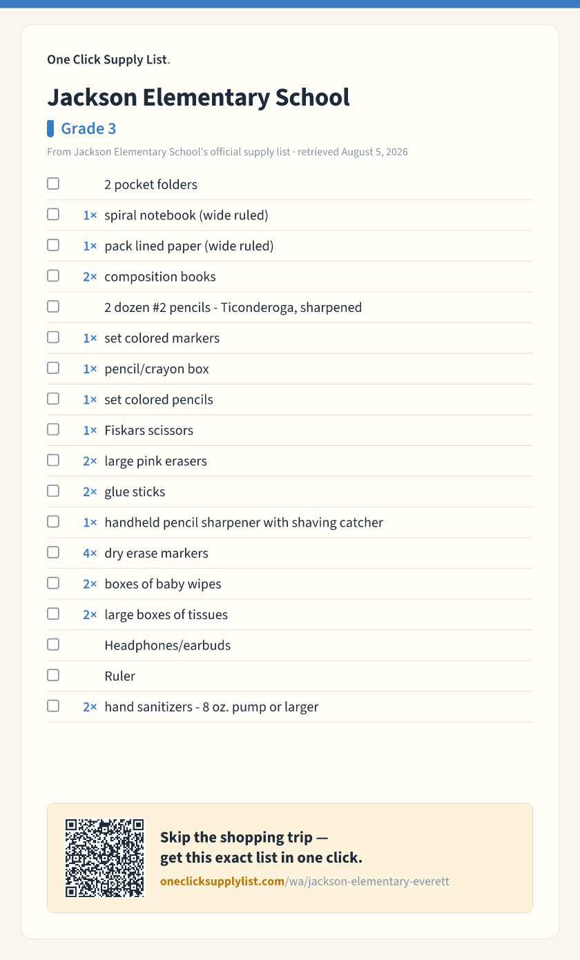 Jackson Elementary School Grade 3 supply list — printable image