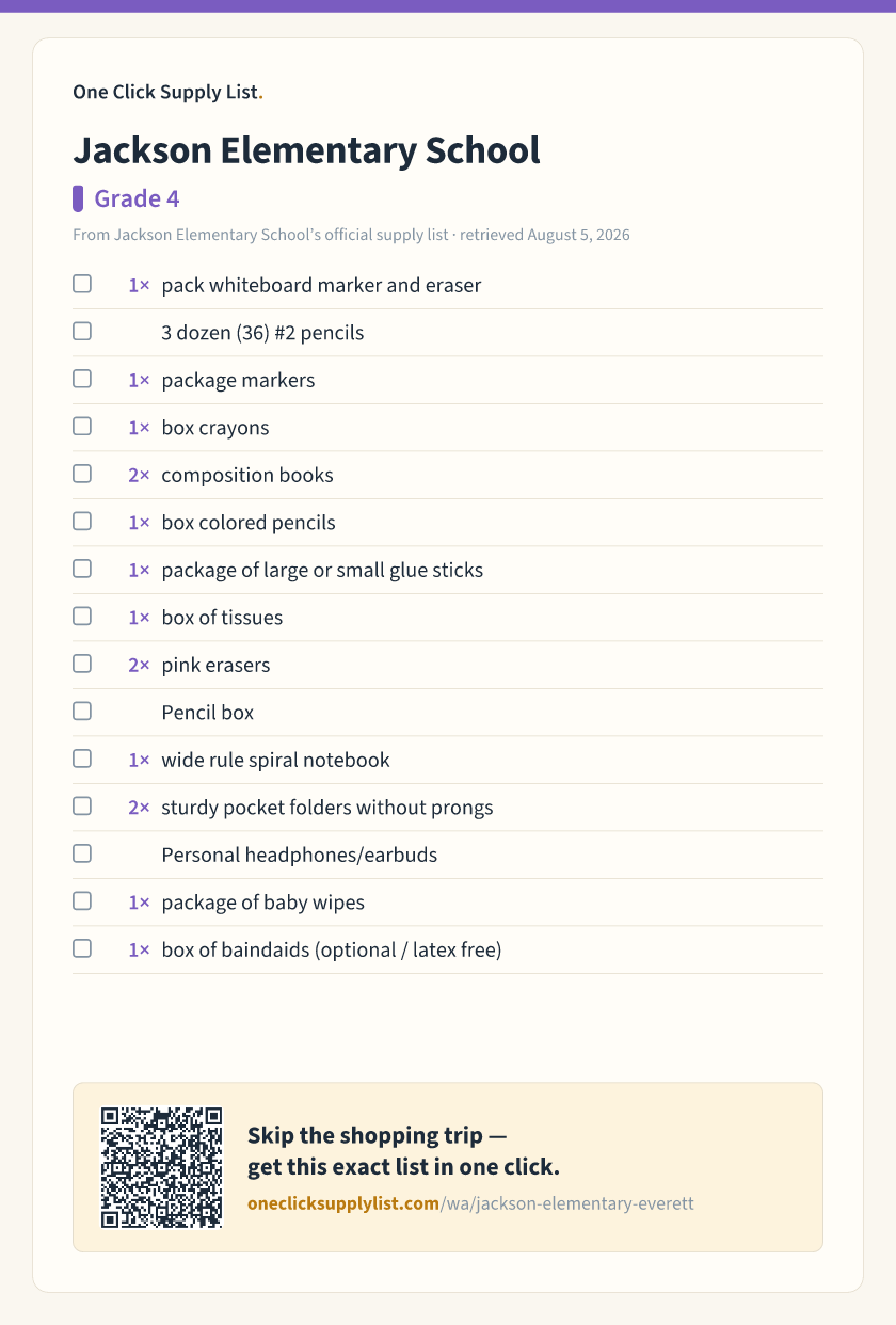 Jackson Elementary School Grade 4 supply list — printable image