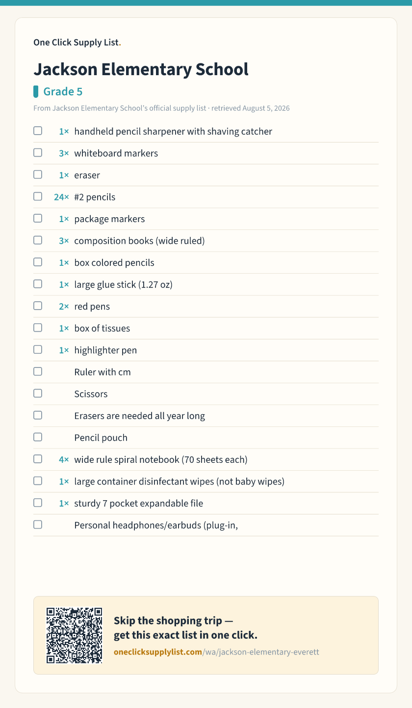 Jackson Elementary School Grade 5 supply list — printable image