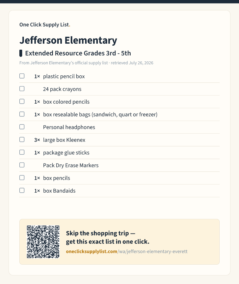 Jefferson Elementary Extended Resource Grades 3rd - 5th supply list — printable image