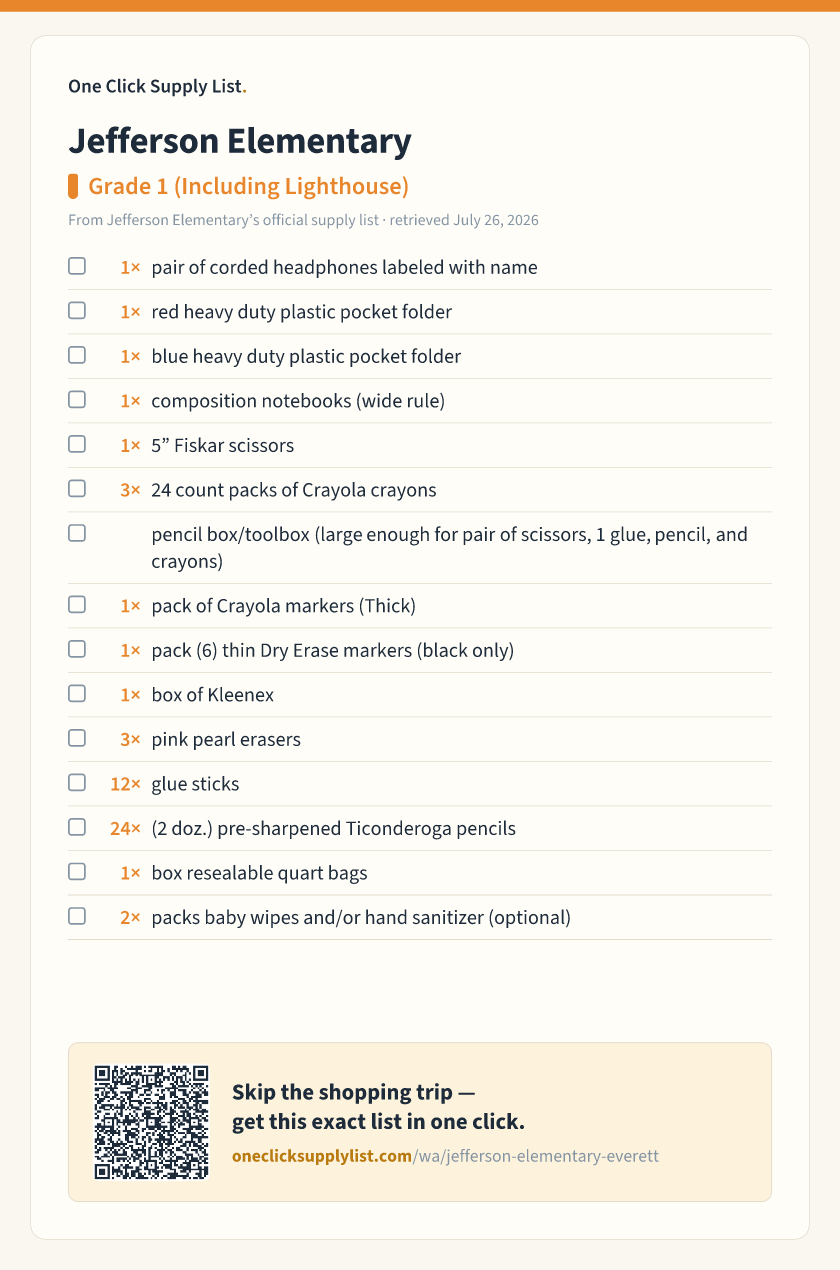Jefferson Elementary Grade 1 (Including Lighthouse) supply list — printable image