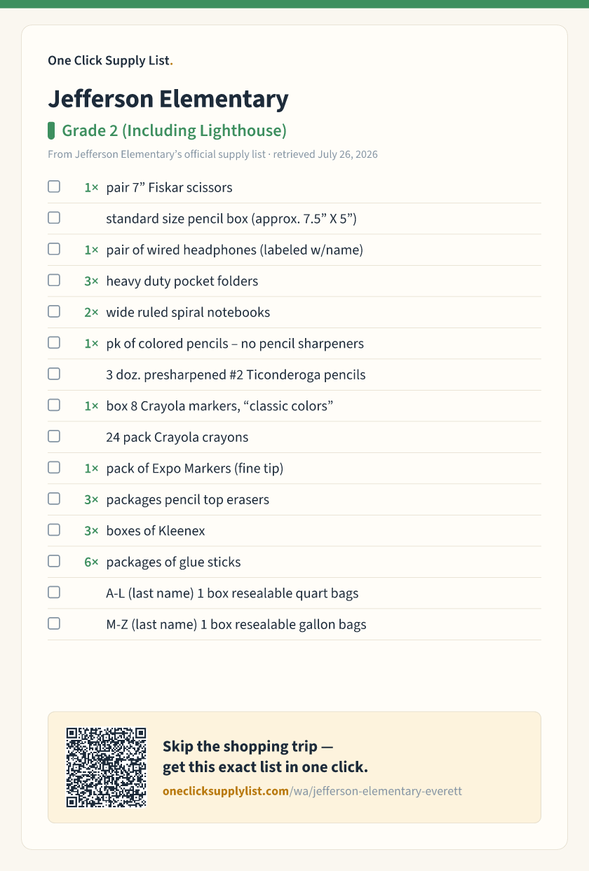 Jefferson Elementary Grade 2 (Including Lighthouse) supply list — printable image