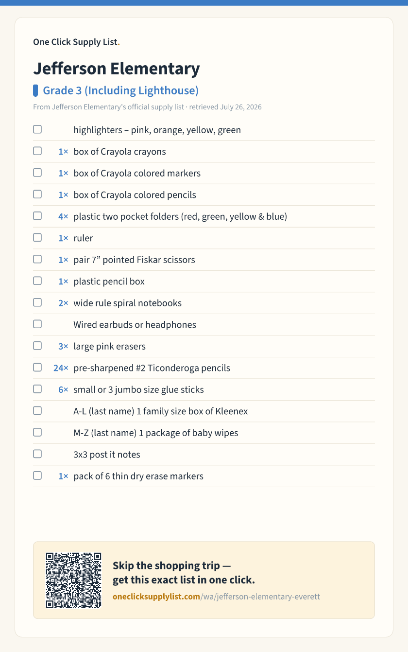Jefferson Elementary Grade 3 (Including Lighthouse) supply list — printable image